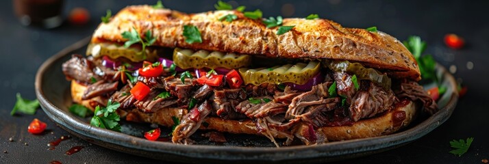 Delicious Roast Beef Sandwich With Pickles and Tomatoes