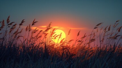 Sun Setting Over Tall Grass Field