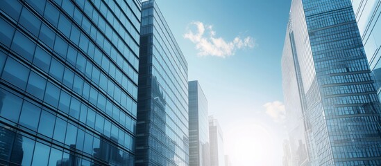 Panoramic view of a bustling urban cityscape with towering skyscrapers under a clear blue sky