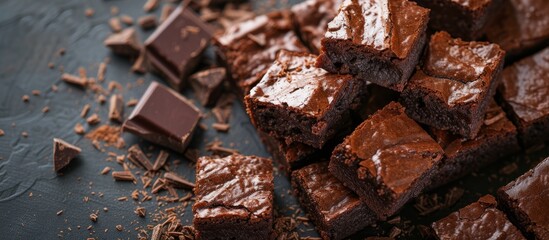 Delicious pile of freshly baked brownies on a wooden table in a cozy kitchen setting