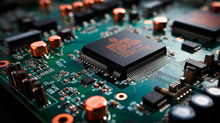 Fototapeta na wymiar Electronic board with processor, microelectronics, chips, modern technology.