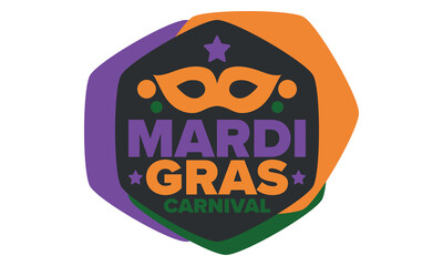 Mardi Gras Carnival in New Orleans. Fat Tuesday. Traditional holiday, celebration annual. Folk festival, costume masquerade, fun party. Carnival mask. Poster, card, banner and background. Vector