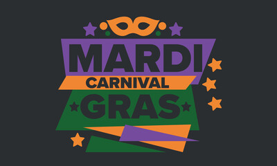 Mardi Gras Carnival in New Orleans. Fat Tuesday. Traditional holiday, celebration annual. Folk festival, costume masquerade, fun party. Carnival mask. Poster, card, banner and background. Vector