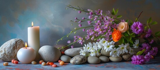 Obraz na płótnie Canvas Rustic still life with a beautiful vase of flowers, Easter eggs, aromatic candles and zen rocks