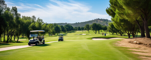 Golf green resort in beautiful sport day. Modern golf sport location - obrazy, fototapety, plakaty