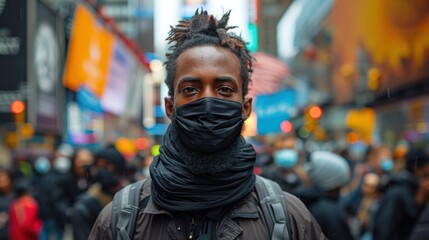 Fototapeta na wymiar Man in Black Face Mask in Crowded Urban Setting