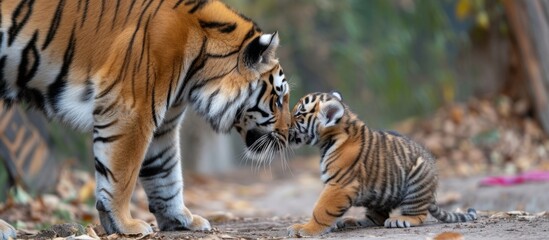 Adorable tiger cub playing and frolicking with another tiger cub in the wild