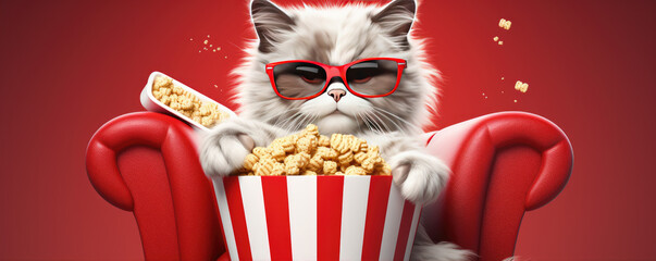 Cat sitting in red armchair and watching 3D movie on red background. Popcorn and funny cat concept.