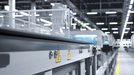 High voltage danger signs on conveyor belts in factory used to produce solar panels. Safety measures stickers on assembly lines in warehouse manufacturing photovoltaics, 3D illustration