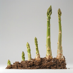 The photo displays green asparagus spears emerging from rich soil in a garden, showcasing early growth stages in a natural, agricultural setting.
