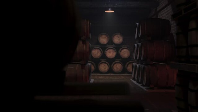 Wine barrel storage in the wine vault. Barrels of cognac, wine or whiskey. Wooden oak wine barrels. Alcohol warehouse.