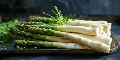 The photo features a close-up of white and green asparagus stalks arranged on a dark plate, surrounded by fresh herbs, highlighting the ingredients' natural textures and colors.
