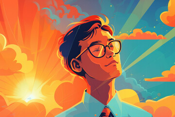 The image is a vibrant, stylized portrait of a young man with glasses, looking optimistic against a colorful, dynamic background of sunbeams and clouds.