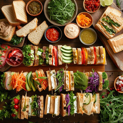 The photo displays various colorful vegetarian sandwiches neatly arranged on a wooden board, surrounded by bowls of sauces, greens, and sliced vegetables, indicating a healthy meal setup.