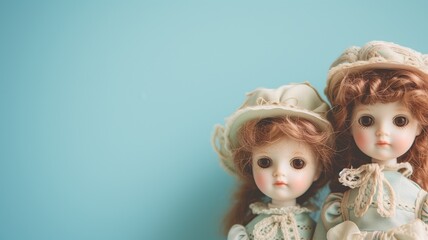 Fototapeta premium Two vintage dolls with bonnets and intricate dresses