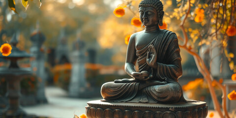 The image showcases a serene Buddha statue in a meditation pose, set against a blurred background of autumnal leaves and soft sunlight, evoking a sense of peace and spirituality.
