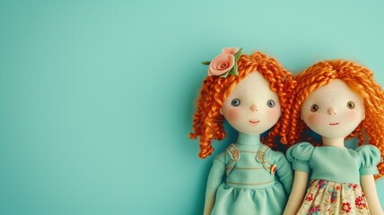 Two textile dolls with red hair against a teal background