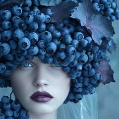 The image depicts a woman with striking blue eyes, wearing a headdress of lush blue grapes and leaves, evoking a surreal and artistic feel with a cool color scheme.
