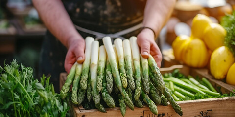 The photo shows a person holding a bunch of fresh green asparagus over a wooden box at a market, with other vegetables and herbs visible in the background.
