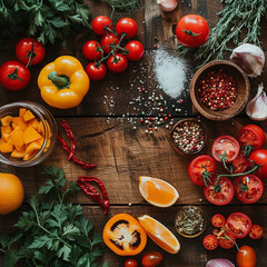 The photo displays an assortment of fresh vegetables and spices on a wooden surface, including tomatoes, bell peppers, chili peppers, garlic, herbs, and slices of lemon, arranged for cooking or garnis