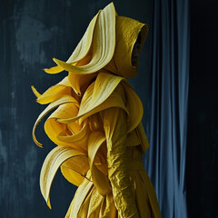 A profile view of a model in a textured yellow banana avant-garde outfit with an artistic headpiece, against a textured dark backdrop.