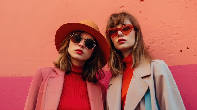 Stylish women with sunglasses against a pink wall