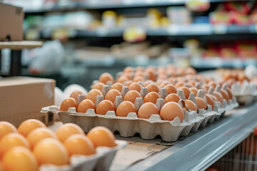 Cartons of Fresh Eggs on Supermarket Shelf
