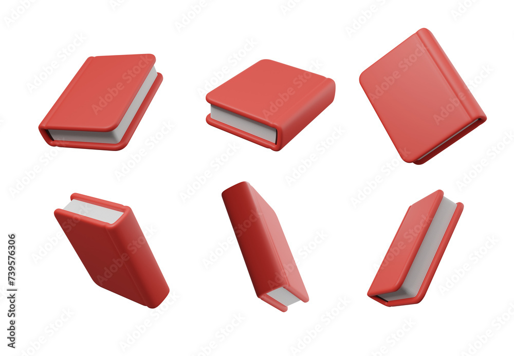 Poster various perspectives of a red book icon depicted against a transparent background with a backdrop de
