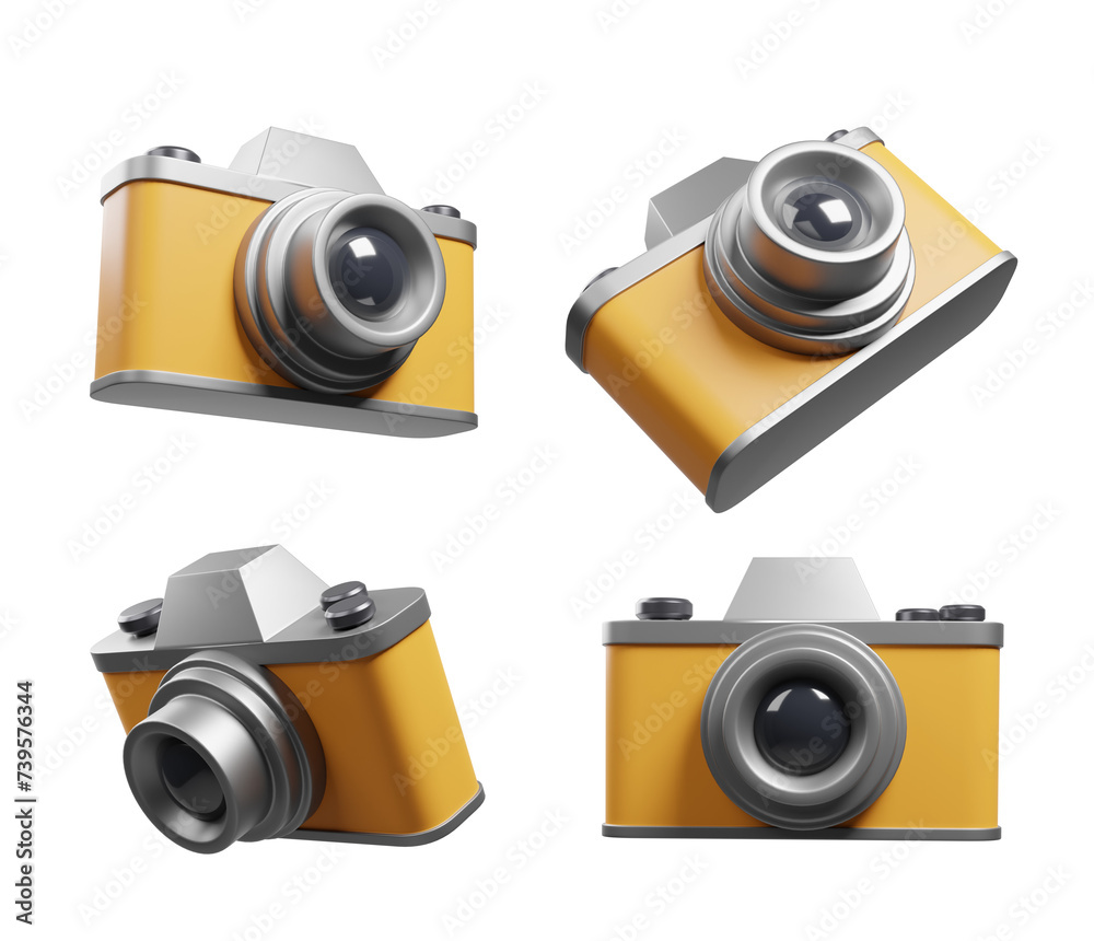 Fototapete four isolated cartoon designs of a camera with different angles on a transparent background. 3d rend