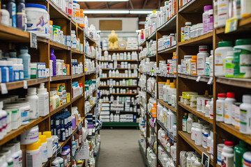 Pharmacy Shelves Stocked with Various Health Care Products