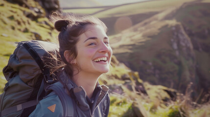 Happy candid young female hiking in the British countryside. Fit and active woman climbing a mountain. Success and goal achievement concept. Wellness activity in nature. AI generated