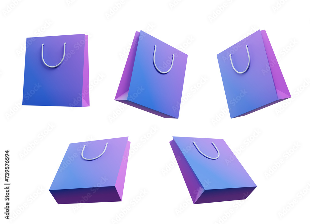 Poster a set of isolated cartoon-style shopping bag icons with a 360-degree view rotation on a transparent 