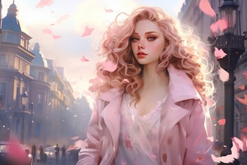 Portrait of young elegant woman wearing trendy pink coat walking in the city. Autumn or spring  fashion street fashion