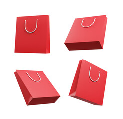 Four angled views of a red shopping bag icon with a white handle on a transparent background. 3d rendering