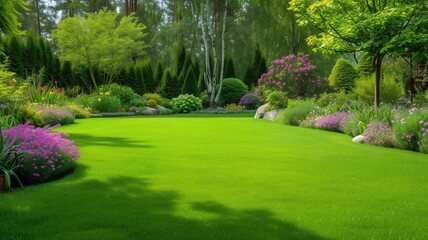 Obraz premium Manicured garden with vibrant flowers and lush lawn