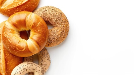 Assorted bagels on a white background