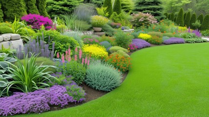 Lush garden with vibrant flowers and manicured lawn - obrazy, fototapety, plakaty
