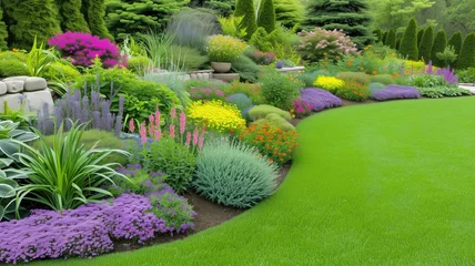 Rolgordijnen Lush garden with vibrant flowers and manicured lawn © Татьяна Макарова