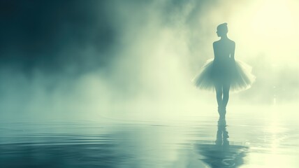 A silhouette of a ballerina standing on water with a misty backdrop