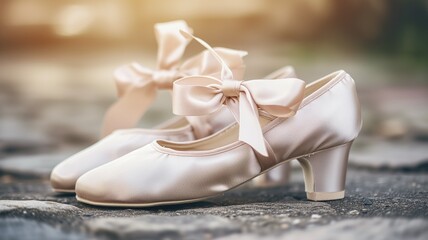 Elegant satin ballet shoes with ribbons on a cobblestone surface