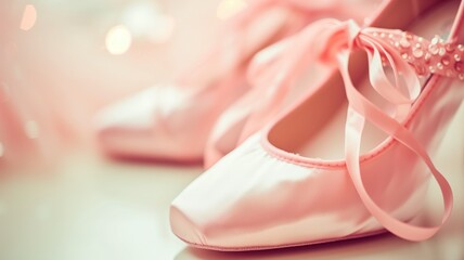 Soft pink ballet shoes with ribbons on a glowing background