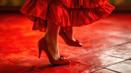 Close-up of red dress and heels on a dancer - obrazy, fototapety, plakaty