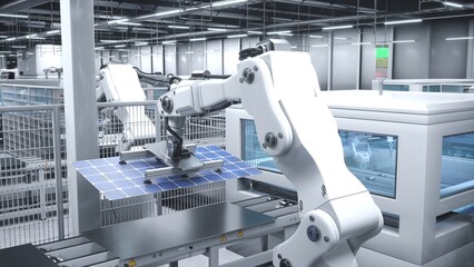 Industrialized solar panel factory with robotic arms placing photovoltaic modules on assembly...