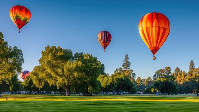 Hot air balloons floating over a lush park at dawn