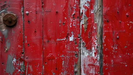 Weathered red door with flaking paint and rusted handle