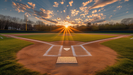 Baseball diamond at sunrise with dramatic sky - obrazy, fototapety, plakaty