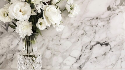 Elegant Floral Arrangement in Crystal Vase on Marble Surface AI Generated
