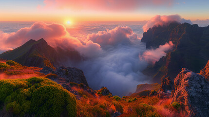 View from Pico do Arieiro to valley full of clouds, sunrise, Madeira - obrazy, fototapety, plakaty