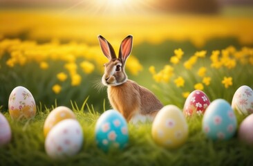 Fototapeta na wymiar Holiday celebration banner with cute Easter bunny with decorated eggs and spring flowers on green spring meadow. Rabbit in landscape. Happy Easter greeting card, banner, festive background.Copy space