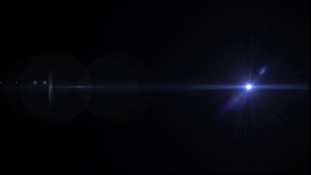 Abstract blue optical lens flares light streaks shine ray moving from left to right side animation on black background. 4K seamless dynamic kinetic bright star illustration flash light rays effect